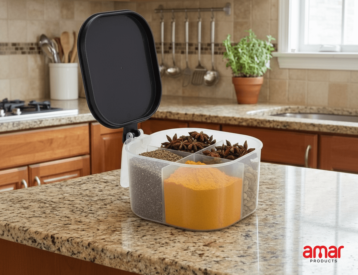 4-Compartment Masala Box with Hinged Lid - Image 1