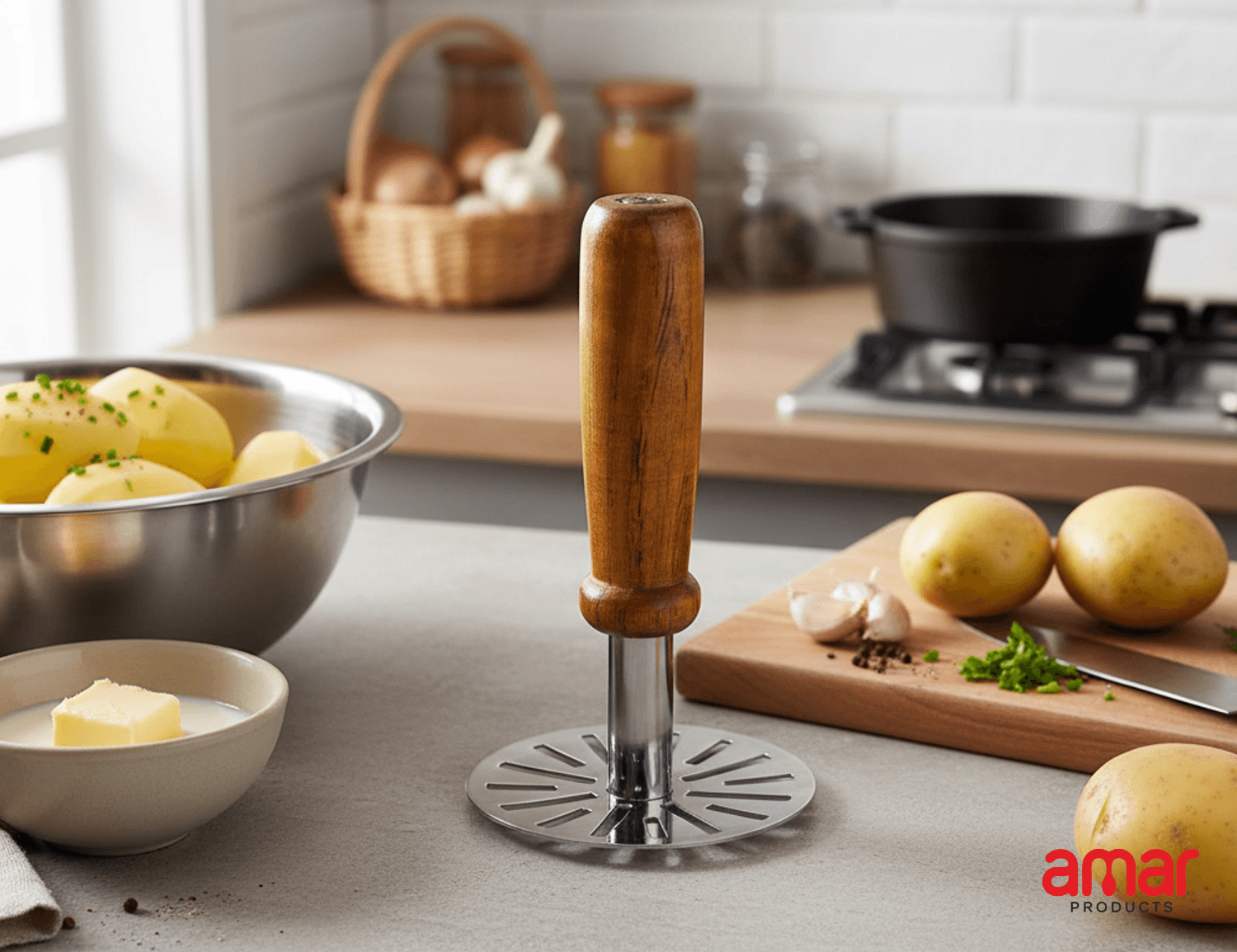 Potato Masher Stainless Steel with Wooden Handle - Image 1